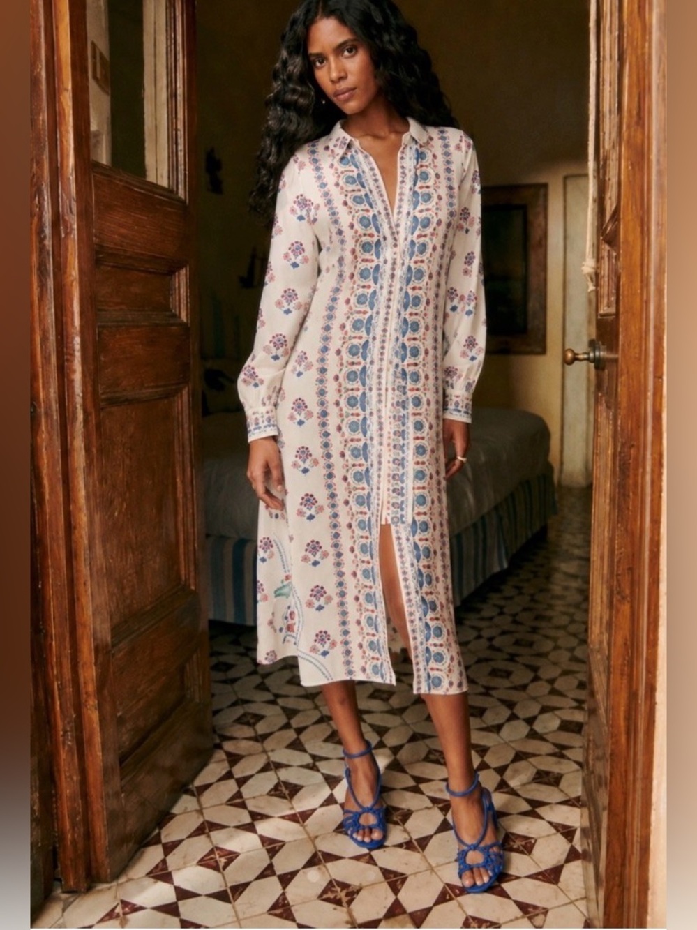 Sezane Fernande Milo Print Midi Dress Sz36 US Sz4 Small